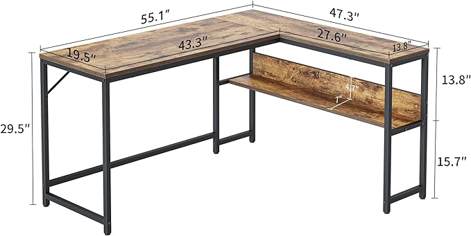 CubiCubi L Shaped Desk, 55.1 inch Corner Computer Desk with Storage Shelves, Home Office Desk with Bookshelf for Writing Gaming Study, Rustic Brown - LeafyLoom