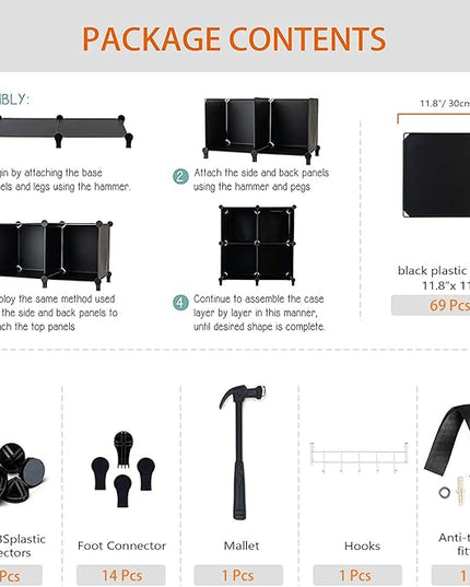 HOMIDEC 20-Cube Black Cube Storage Organizer, Modular Storage Shelf with Hammer, Cube Storage Bin Cabinet Closet Bookshelf for Living Room, Bedroom, Office, Each Cube Size 11.8 x 11.8 inch - LeafyLoom