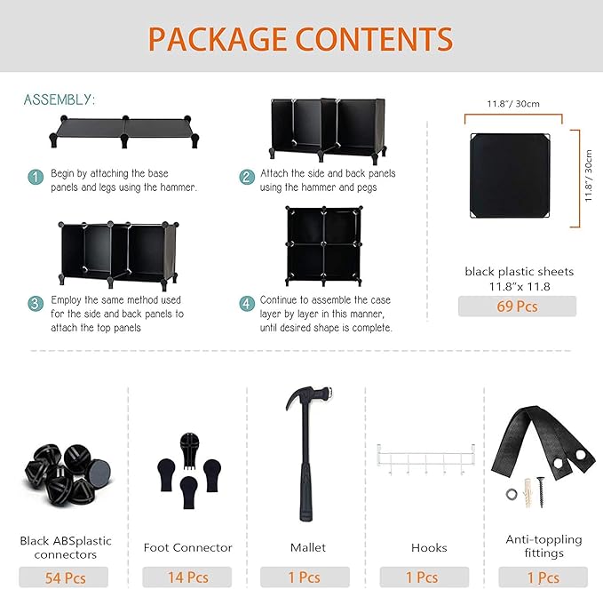HOMIDEC 20-Cube Black Cube Storage Organizer, Modular Storage Shelf with Hammer, Cube Storage Bin Cabinet Closet Bookshelf for Living Room, Bedroom, Office, Each Cube Size 11.8 x 11.8 inch - LeafyLoom