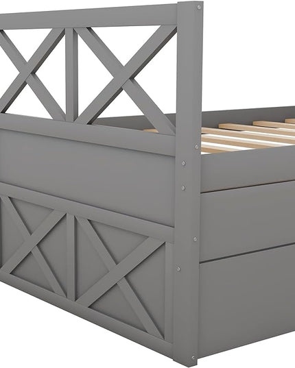Twin Size Daybed with 2 Storage Drawers and Trundle, Solid Wood Captains Bed Frame for Bedroom and Living Room, Gray - LeafyLoom