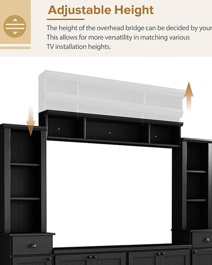 Merax Minimalist Entertainment Wall Unit Set with Bridge Ample Storage Space and Adjustable Shelves, TV Stand for Televisions Up to 75'', Modernist Large Media Console for Living Room, Black - LeafyLoom