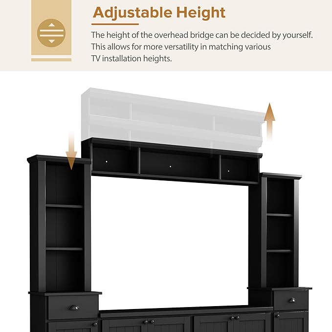 Merax Minimalist Entertainment Wall Unit Set with Bridge Ample Storage Space and Adjustable Shelves, TV Stand for Televisions Up to 75'', Modernist Large Media Console for Living Room, Black - LeafyLoom