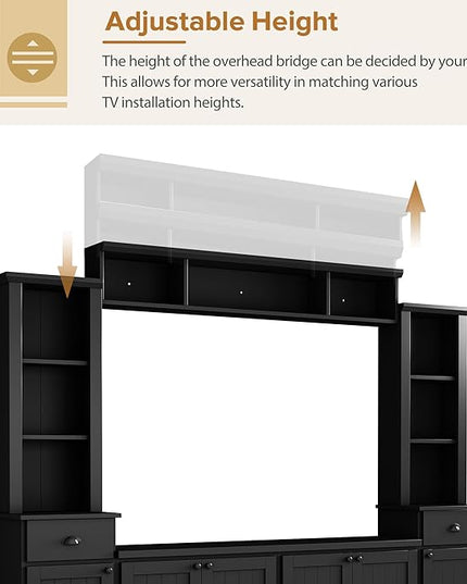 Entertainment Wall Unit with Bridge, Stand Media Console Table for TVs Up to 75" with Adjustable Shelves, Ample Storage Space for Living Room, 103 Inch, Black - LeafyLoom