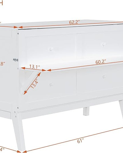 Queen Murphy Bed can be Folded into Low Cabinet with USB Ports, Wooden Platform bedframe with Removable Shelves on Each Side, Space Saving, for Bedroom/Guestroom/Office, White - LeafyLoom