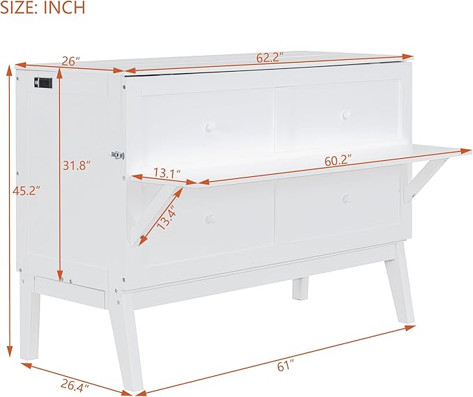 Queen Murphy Bed can be Folded into Low Cabinet with USB Ports, Wooden Platform bedframe with Removable Shelves on Each Side, Space Saving, for Bedroom/Guestroom/Office, White - LeafyLoom