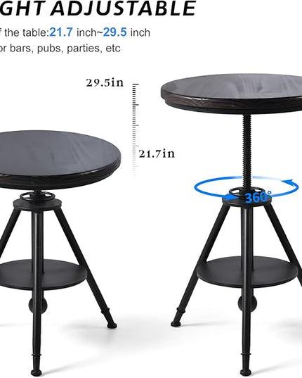 Industrial Bistro Table Vintage Small Cafe Table Farmhouse Round Dining Table for Kitchen Rustic Side Table Swivel Wooden Top 21-29inch Height Adjustable - LeafyLoom