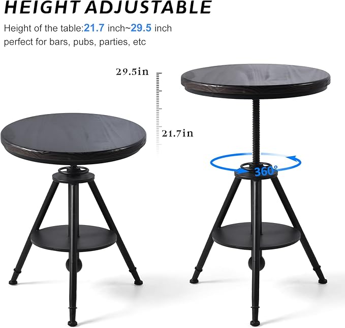 Industrial Bistro Table Vintage Small Cafe Table Farmhouse Round Dining Table for Kitchen Rustic Side Table Swivel Wooden Top 21-29inch Height Adjustable - LeafyLoom
