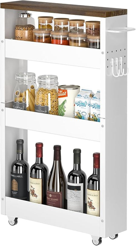 Slim Storage Cart, 4-Tier Kitchen Rolling Cart Narrow Storage Cabinet with Handle & Wood Top, Metal Rolling Shelf Unit for Kitchen Bathroom Laundry Small Places(5 in Width/White & Brown) - LeafyLoom