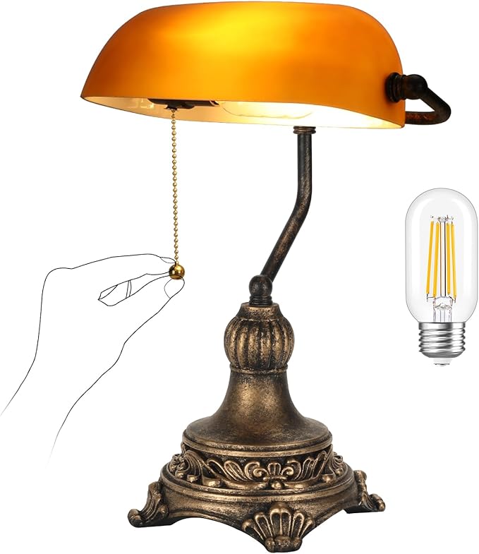Bankers Lamp with Pull Switch, Amber Glass Desk Lamp with Retro Black/Gold Finish, Vintage Table Lamps for Living Room, Home Office, Library, Piano LED Bulb Included (Amber) - LeafyLoom