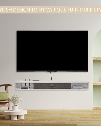 Floating TV Unit, 55'' Wall Mounted TV Cabinet, Floating Shelves with Door, Modern Entertainment Media Console Center Large Storage TV Bench for Living Room & Office (55.12IN, Grey White) - LeafyLoom