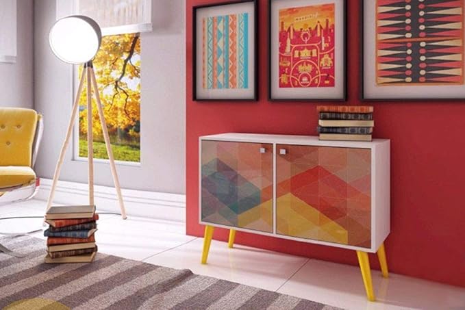 Manhattan Comfort Avesta 2.0 Double Sideboard Table with Storage Cabinet for Living Room, Bedroom and Office, TV Console for 32" Screen, Features 2 Doors and 3 Shelves, White/ Stamp/ Yellow - LeafyLoom