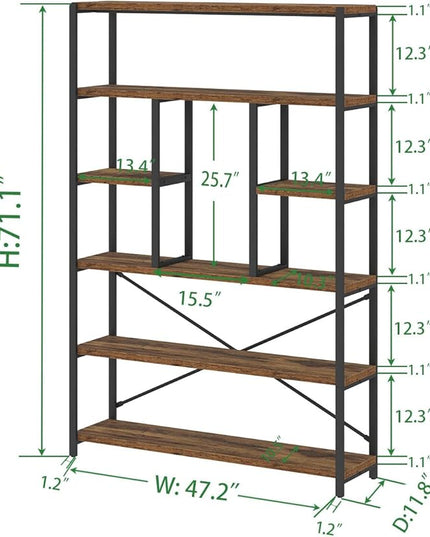 LVB Rustic Bookcases and Book Shelves, Metal Wood 6 Tier Bookshelf and Book Rack Storage, Industrial Vertical Display Etagere Book Case 6 Shelf, Vintage Large Book Shelf for Bedroom Living Room, Brown - LeafyLoom