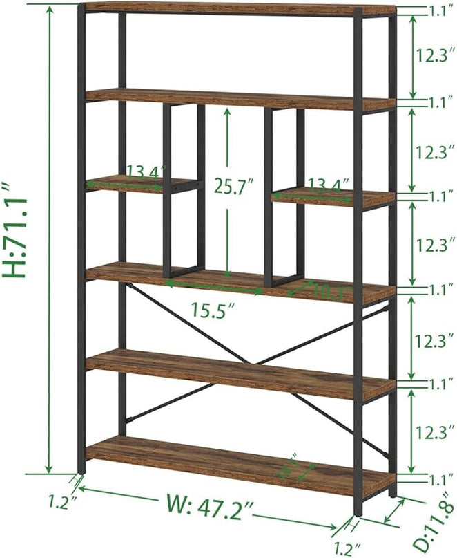 LVB Rustic Bookcases and Book Shelves, Metal Wood 6 Tier Bookshelf and Book Rack Storage, Industrial Vertical Display Etagere Book Case 6 Shelf, Vintage Large Book Shelf for Bedroom Living Room, Brown - LeafyLoom