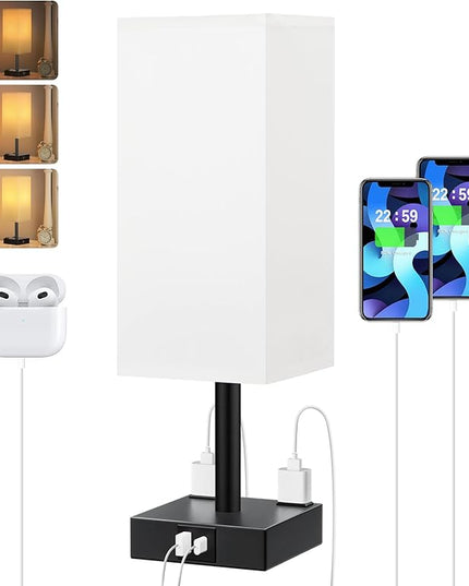 Touch Bedside Table Lamp For Nightstand - 3-Way Dimmable Night Lamp with USB A + Type C Charging Ports and two AC Outlets, Small Desk Light with E26 LED Bulb for Bedroom Living Room ,WHITE BLACK - LeafyLoom