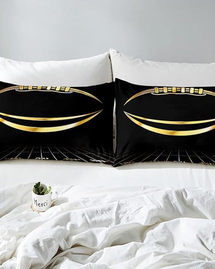 Feelyou Football Bedding Set King Kids Rugby Sports Comforter Set American Football Comforter Set for Boys Golden Black Room Decor Quilt with 2 Pillow Case Boys - LeafyLoom