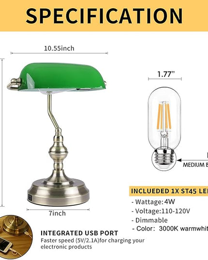 Green Glass Bankers Desk Lamp,Vintage Desk Lamp Touch Control, 3 Way Dimmable Table Lamp with USB Charging Port, Mid Century Banker's Desk Lamp for Home Office Library Antique Brass - LeafyLoom