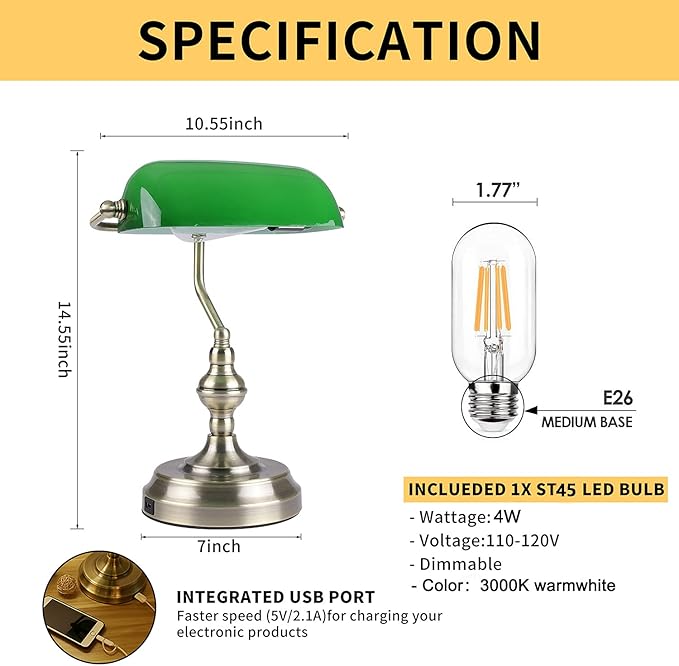 Green Glass Bankers Desk Lamp,Vintage Desk Lamp Touch Control, 3 Way Dimmable Table Lamp with USB Charging Port, Mid Century Banker's Desk Lamp for Home Office Library Antique Brass - LeafyLoom