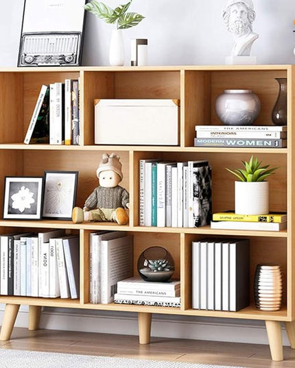IOTXY Wooden Open Shelf Bookcase - 3-Tier Floor Standing Display Cabinet Rack with Legs, 8 Cubes Bookshelf, Pear Yellow - LeafyLoom