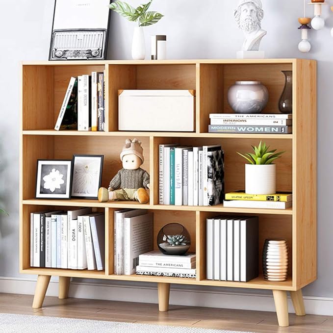 IOTXY Wooden Open Shelf Bookcase - 3-Tier Floor Standing Display Cabinet Rack with Legs, 8 Cubes Bookshelf, Pear Yellow - LeafyLoom