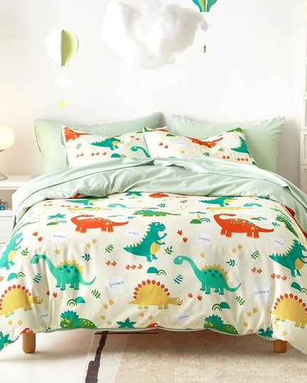 Wake In Cloud - Dinosaur Bedding Set for Boys, Cute Colorful Dinosaur Comforter Set with Sheets, 5 Pieces Kids Bed in a Bag, Cream Green, Twin Size - LeafyLoom