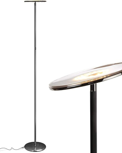 Brightech Sky LED Floor lamp, Torchiere Super Bright Floor Lamp for Living Rooms & Offices - Dimmable, Tall Standing Lamp for Bedroom Reading - Black Chrome - LeafyLoom