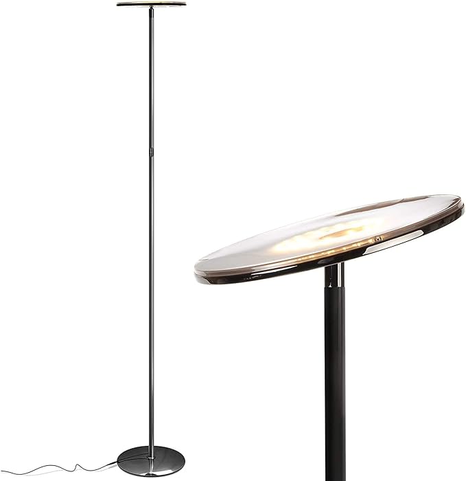 Brightech Sky LED Floor lamp, Torchiere Super Bright Floor Lamp for Living Rooms & Offices - Dimmable, Tall Standing Lamp for Bedroom Reading - Black Chrome - LeafyLoom