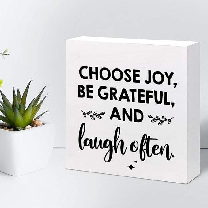 Inspirational Wood Box Sign Desk Decor,Choose Joy Be Grateful and Laugh Often Wood Plaque Signs,Rustic Positive Wooden Block Sign Decor for Office Workplace Classroom Shelf Table Decoration C1078 - LeafyLoom