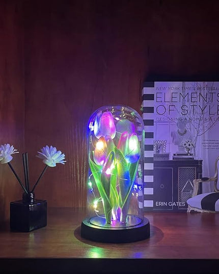 LED Tulip Lamp Artificial Flower Night Light Handmade Light up Tulips in Glass Dome Table Lamp Ornaments Desktop Decor - Battery Operated (Pink-Colour light) - LeafyLoom