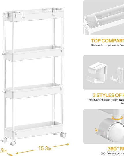 SPACELEAD Slim Storage Cart 4 Tier,Bathroom Storage Organizer Rolling Utility Cart, Mobile Shelving Unit Slide Out Storage Cart for Office, Bathroom, Kitchen, Laundry Room & Narrow Places， White - LeafyLoom