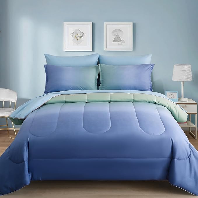 Dinjoy Girls Comforter Set Full Size Colorful Rainbow Ombre Blue Green Pink Bedding Set Gradient 7 Pieces Bed in A Bag for Kids Teen Girl Women(1 Comforter, 1 Flat Sheet, 1 Fitted Sheet) - LeafyLoom