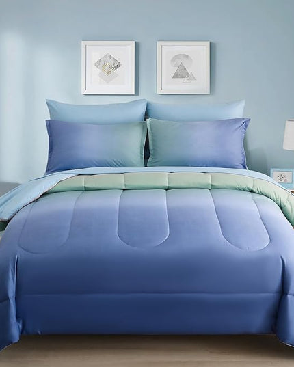 Dinjoy Girls Comforter Set Queen Size Colorful Rainbow Ombre Blue Green Pink Bedding Set Gradient 7 Pieces Bed in A Bag for Kids Teen Girl Women(1 Comforter, 1 Flat Sheet, 1 Fitted Sheet) - LeafyLoom