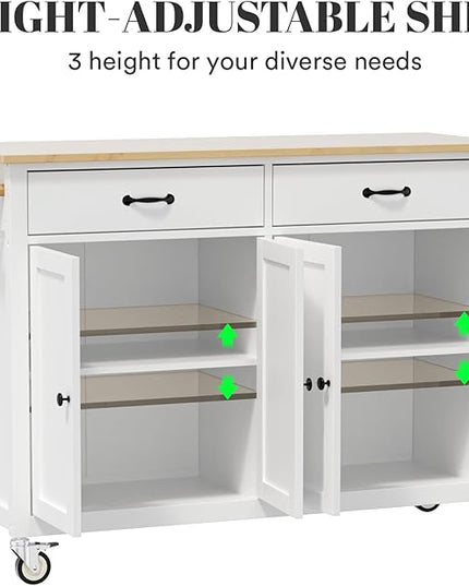 Large Kitchen Island On Wheels with Storage 54in Width Mobile Moveable Portable Rolling White Wood Island for Kitchen Dining Room with Drawers Cabinet Spice Rack Towel Rack - LeafyLoom