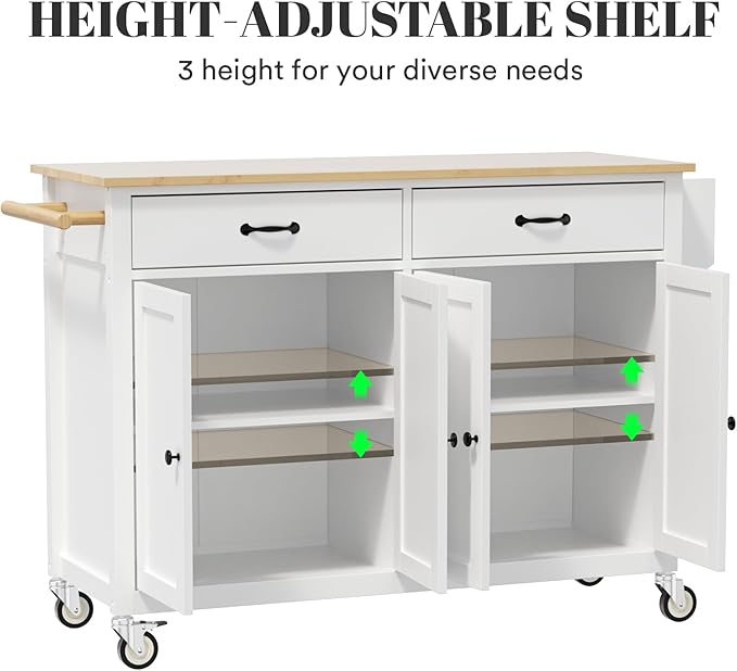 Large Kitchen Island On Wheels with Storage 54in Width Mobile Moveable Portable Rolling White Wood Island for Kitchen Dining Room with Drawers Cabinet Spice Rack Towel Rack - LeafyLoom