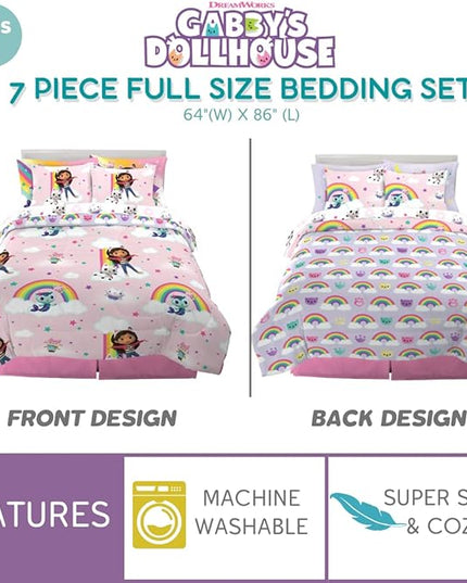 Franco Gabby's Dollhouse Kids Bedding Super Soft Comforter and Sheet Set with Sham, 7 Piece Full Size, (Officially Licensed Product) - LeafyLoom