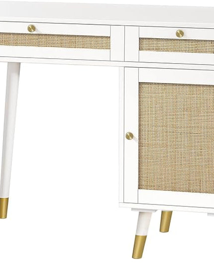 Anmytek Rattan Vanity Desk with Drawers and Storage, White Makeup Vanity Table Modern Home Office Desk Computer Desk for Study D0006 - LeafyLoom
