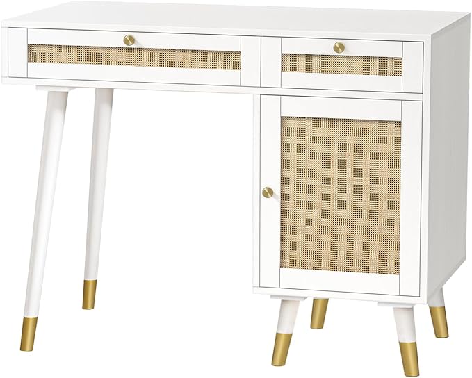 Anmytek Rattan Vanity Desk with Drawers and Storage, White Makeup Vanity Table Modern Home Office Desk Computer Desk for Study D0006 - LeafyLoom