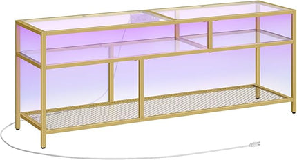 HOOBRO Gold TV Stand, Rectangular LED TV Stand with Power Outlets to 65'', Modern Glass Entertainment Center with Open Shelves, Media TV Console Table for Living Room, Bedroom, Gold GD49UDDS01 - LeafyLoom