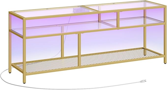 HOOBRO Gold TV Stand, Rectangular LED TV Stand with Power Outlets to 65'', Modern Glass Entertainment Center with Open Shelves, Media TV Console Table for Living Room, Bedroom, Gold GD49UDDS01 - LeafyLoom