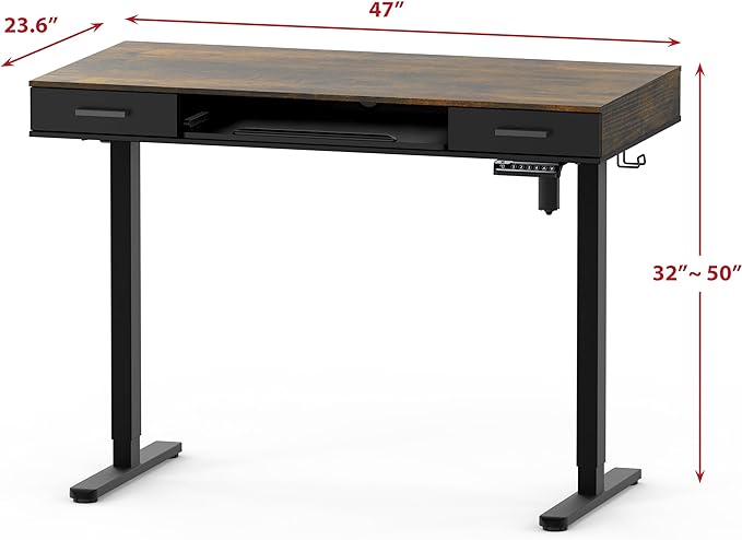 SHW 48-Inch Electric Height Adjustable Desk with Keyboard Tray and Two Drawers, Rustic Brown - LeafyLoom