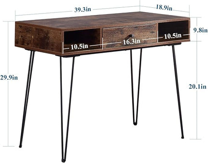 VECELO 39.3" Home Office Work Table with Drawers Computer Desk Writing/Study, 39 Inch Hairpin Legs, Retro Brown - LeafyLoom