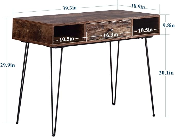 VECELO 39.3" Home Office Work Table with Drawers Computer Desk Writing/Study, 39 Inch Hairpin Legs, Retro Brown - LeafyLoom