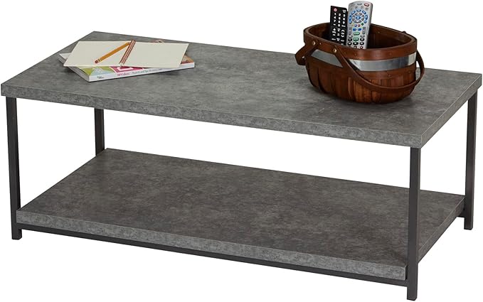Household Essentials Jamestown Rectangular Coffee Table with Storage Shelf Rustic Slate Concrete and Black Metal, Grey - LeafyLoom