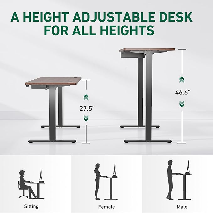 FEZIBO Standing Desk with Drawer, 63 x 24 Inches Adjustable Height Electric Stand up Desk with Storage, Sit Stand Home Office Desk, Black Walnut - LeafyLoom
