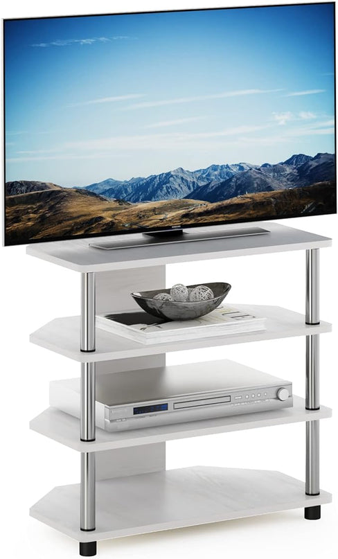 Furinno Econ Easy Assembly 4-Tier Petite Entertainment Center TV Stand for TV up to 25 Inch with Stainless Steel Tubes, White Oak/Chrome - LeafyLoom