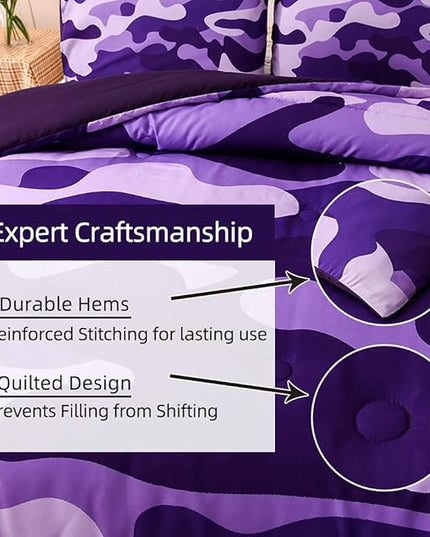 Meeting Story Camouflage Bedding Set, Purple Camouflage Comforter Set, 3 PCS One Comforter and Two Pillowcases, Lightweight Bedspread for Girls Teens Adults (Purple, Queen) - LeafyLoom