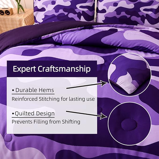 Meeting Story Camouflage Bedding Set, Purple Camouflage Comforter Set, 3 PCS One Comforter and Two Pillowcases, Lightweight Bedspread for Girls Teens Adults (Purple, Queen) - LeafyLoom