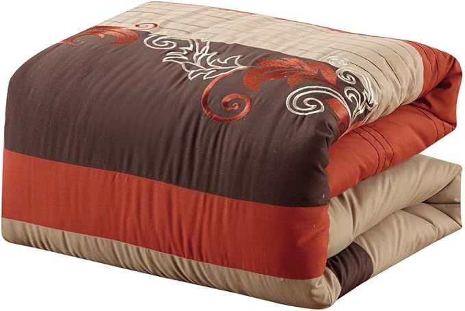 Chezmoi Collection Napa 7-Piece Luxury Autumn Leaves Scroll Embroidery Bedding Comforter Set (Queen, Rust Orange/Brown/Taupe) - LeafyLoom