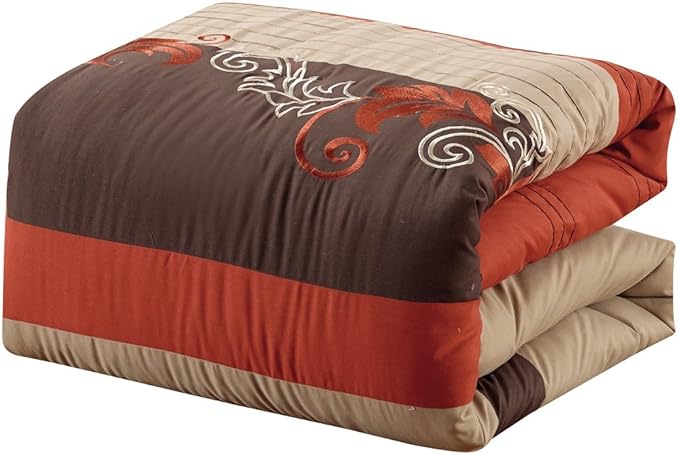 Chezmoi Collection Napa 7-Piece Luxury Autumn Leaves Scroll Embroidery Bedding Comforter Set (California King, Rust Orange/Brown/Taupe) - LeafyLoom