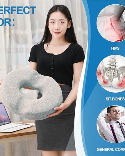 JEMA Donut Pillow, Tailbone Memory Foam Seat Cushion by Ergonomic Innovations for Sores, Coccyx, Sciatica, Pregnancy, Post Natal (Grey) - LeafyLoom