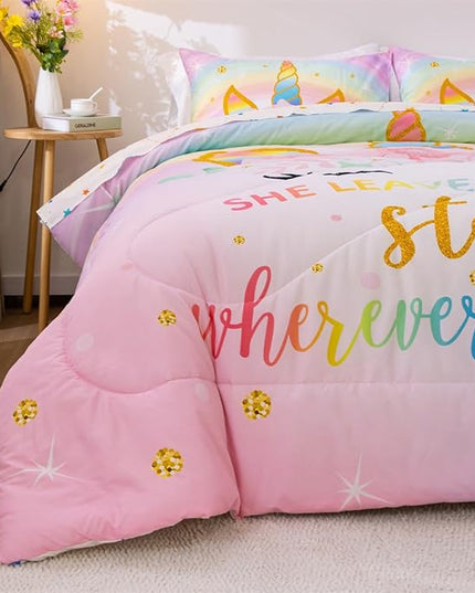 NTBED Unicorn Twin Comforter Set with Sheets,5 Pieces Kids Bedding Sets for Girls, Lightweight Microfiber Star Floral Bed in a Bag, Rainbow - LeafyLoom